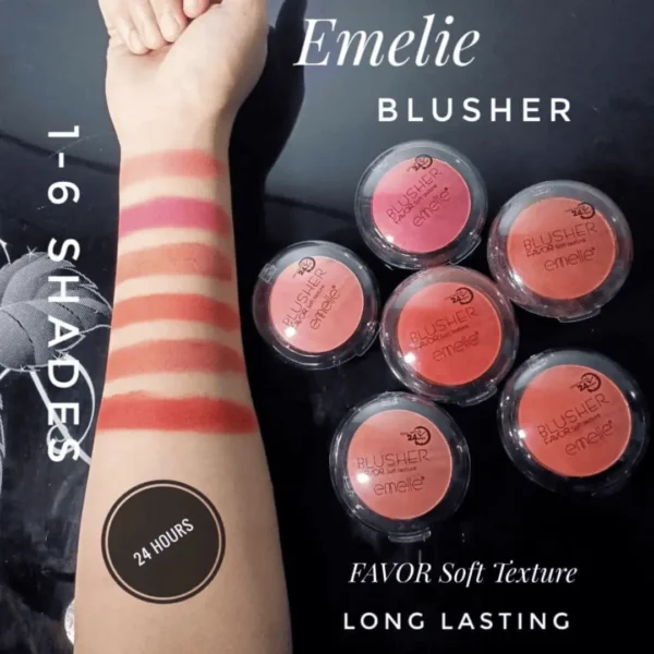 Flat lay of the 6 Shades Emelie Blushion palette, displaying a range of vibrant blush colors.