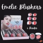Swatches of the 6 Shades Emelie Blushion on a skin tone background, showcasing the variety of hues
