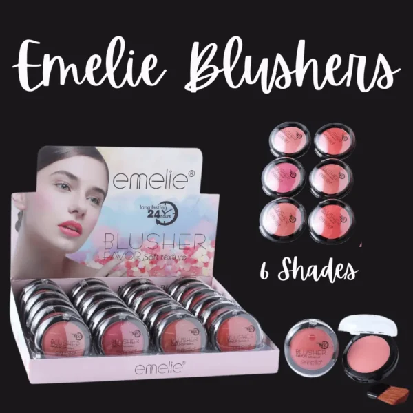 Swatches of the 6 Shades Emelie Blushion on a skin tone background, showcasing the variety of hues