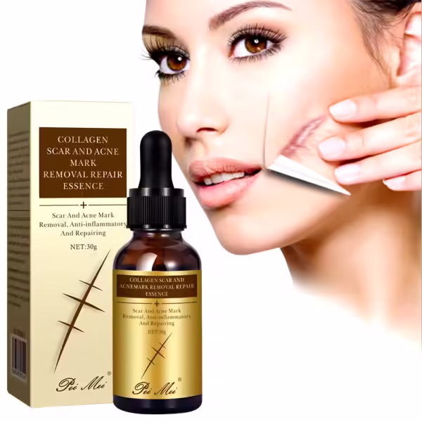 Serum dropper dispensing a drop of PEI MEI Collagen Serum onto a hand.