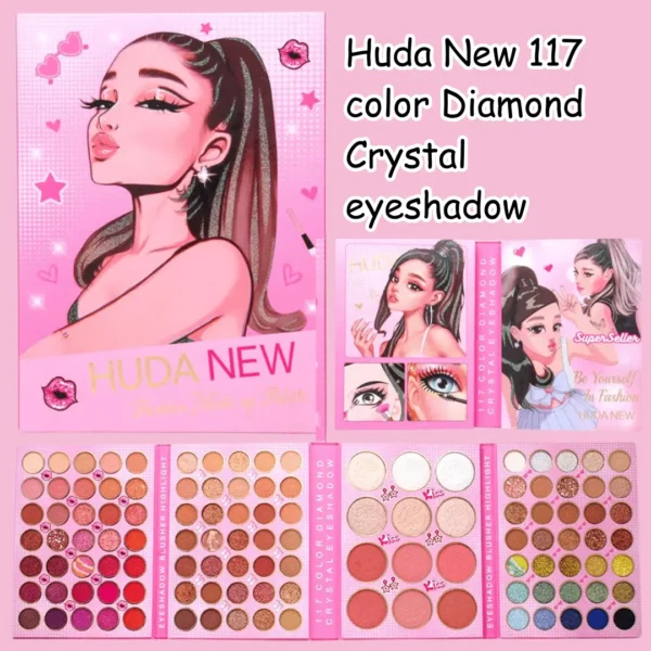 Flat lay of Huda Beauty's 117 Color Diamond Crystal Eyeshadow palette, surrounded by makeup brushes.