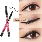 Application demonstration of Yanqina 36H Eyeliner Pencil, showing a bold black line on a model's eyelid.