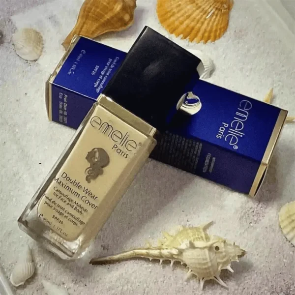 Before and after comparison of skin coverage using Emelie Paris Double Wear Maximum Cover foundation.